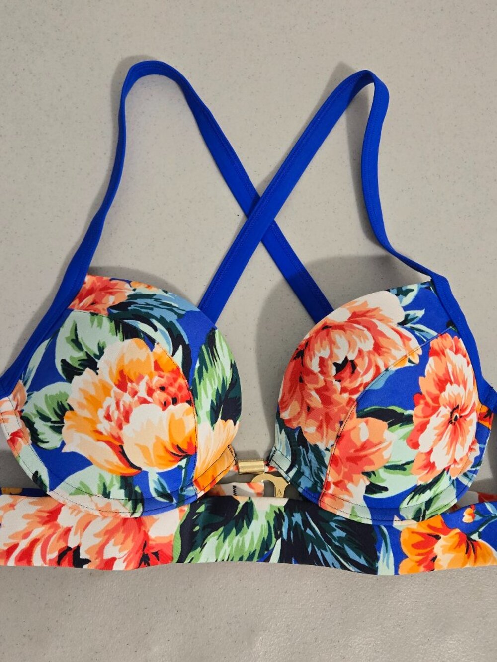 Abercrombie Fitch Blue/Orange Floral Underwire Bikini Top 34B Crossback Push up